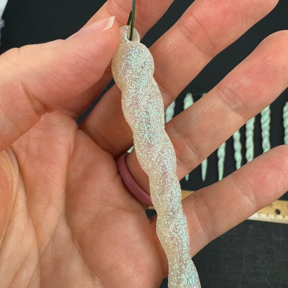 12 Vtg 5inch Hard Plastic Twist Icicle Glitter White Iridescent Ornament Xmas - Picture 5 of 10